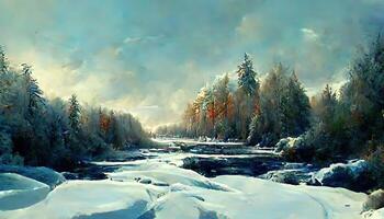 Winter christmas landscape with forest tree covered with snow holiday card background. photo