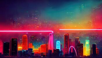 80s Retro Sci-Fi Background with Night City Skyline, Synthwave glowing neon lights plane. photo