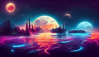 Modern futuristic fantasy night landscape with abstract islands and night sky with space galaxies. photo