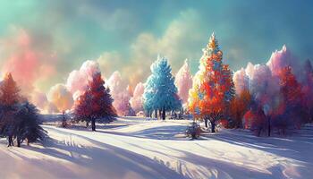 Magical winter landscape scene with colorful trees, Detailed, colored. photo