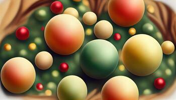 Three christmas balls on dark wooden board with bokeh in the background. photo