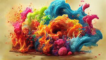 Exploding paint splashes and holi powder as creativity concept. photo