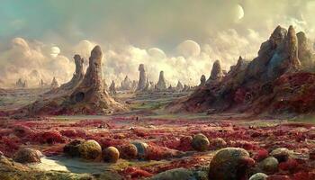 Alien planet landscape with volcano, river, stars and moons in sky. photo