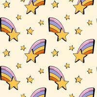 Stars and Rainbow seamless pattern or background design in 70s retro style. Groovy hand drawn doodle vector illustration. Warm color palette.