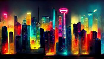 Neon megapolis background with buildings, skyscrapers. photo