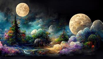 Abstract fairy tale forest landscape background with full moon. photo