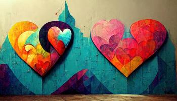 Surprising Colorful graffiti wall background with heart shape as love symbol. photo