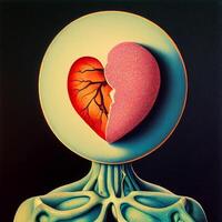 Broken heart anatomy drawing colorful surreal magritte. photo