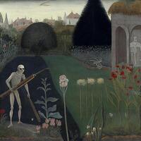 Garden of Death Death gardening fresco painting. Generative Ai photo