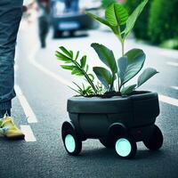 Delivery robot carrying plants. photo