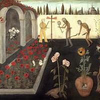 Garden of Death Death gardening fresco painting. Generative Ai photo