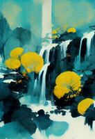 Waterfall gardens cyan and yellow rough ink sketch. photo