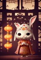 A little white rabbit in a soft Chinese. photo