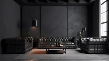 Black living room interior with leather sofa, minimalist industrial style. photo