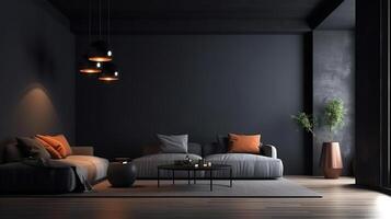 Stylish dark living room interior with gray sofa mock up. photo