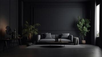 Home interior, modern dark living room interior, black empty wall mock up. photo