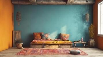 Wall mockup in nomadic boho interior background with rustic decor. photo