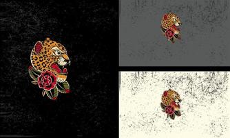 cabeza leopardo y rojo flores vector mascota diseño