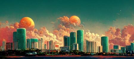 painting of a city with a lot of tall buildings. . photo