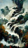 painting of a waterfall surrounded by trees. . photo