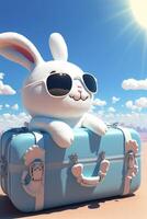 white rabbit sitting on top of a blue suitcase. . photo