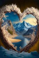 painting of a heart shaped tree with mountains in the background. . photo