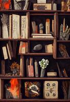 Bookcase with black rocks and old books arrangement. photo