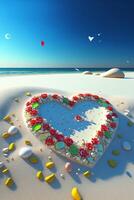 heart shaped cake sitting on top of a sandy beach. . photo