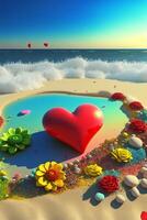 red heart sitting on top of a sandy beach. . photo