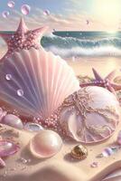 painting of shells and starfishs on a beach. . photo