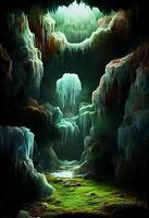 painting of a waterfall in a cave. . photo