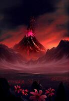 painting of a volcano with flowers in the foreground. . photo