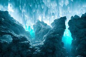 group of people standing inside of a cave. . photo