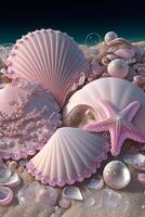 pile of shells sitting on top of a sandy beach. . photo