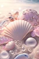 seashells and pearls on a sandy beach. . photo