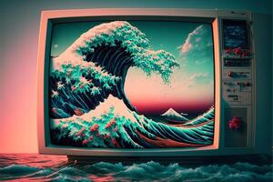 television with a painting of a wave on it. . photo