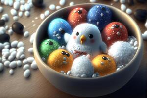 bowl filled with balls and a snowman figurine. . photo