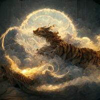 A tiger fighting a dragon realistic. photo