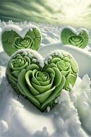 heart shaped cake sitting on top of snow covered ground. . photo