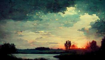 painting of a sunset over a body of water. . photo