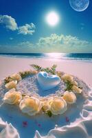 corazón conformado pastel sentado en parte superior de un arenoso playa. generativo ai. foto