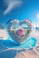 heart shaped object sitting on top of a sandy beach. . photo