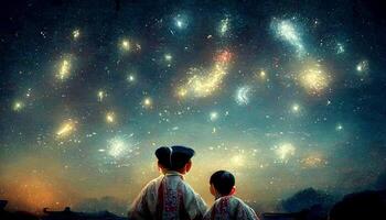 couple of kids standing next to each other under a sky full of stars. . photo