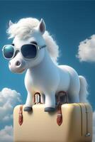 white horse wearing sunglasses standing next to a suitcase. . photo