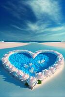 heart shaped cake sitting on top of a sandy beach. . photo