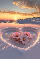 heart shaped arrangement of daisies in the snow. . photo