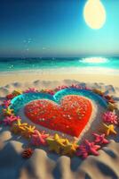 heart shaped cake sitting on top of a sandy beach. . photo