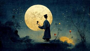 woman holding a bird in front of a full moon. . photo