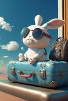 white rabbit sitting on top of a blue suitcase. . photo