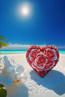 heart shaped flower arrangement on a sandy beach. . photo